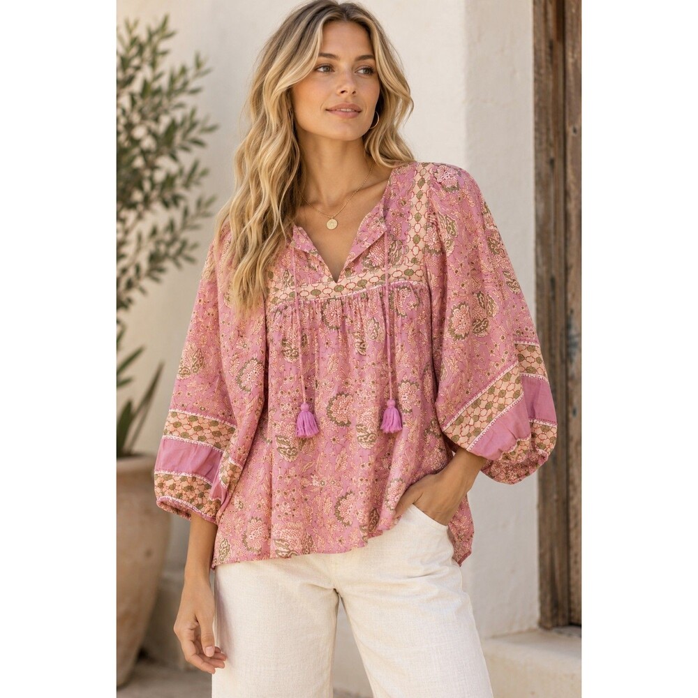 Cleobella Amaryllis Blouse Women’s L Pink Green Boho Floral Tassel V Neck NWT